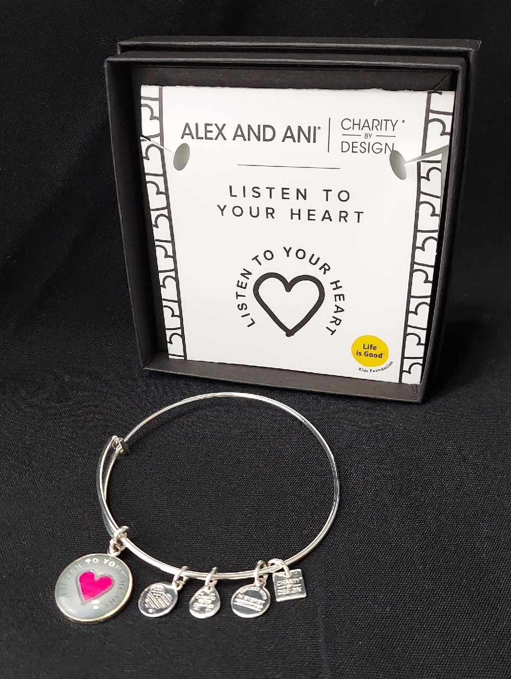Alex and Ani Silver Tone "LISTEN TO YOUR HEART" Expandable Charm Bracelet Signed